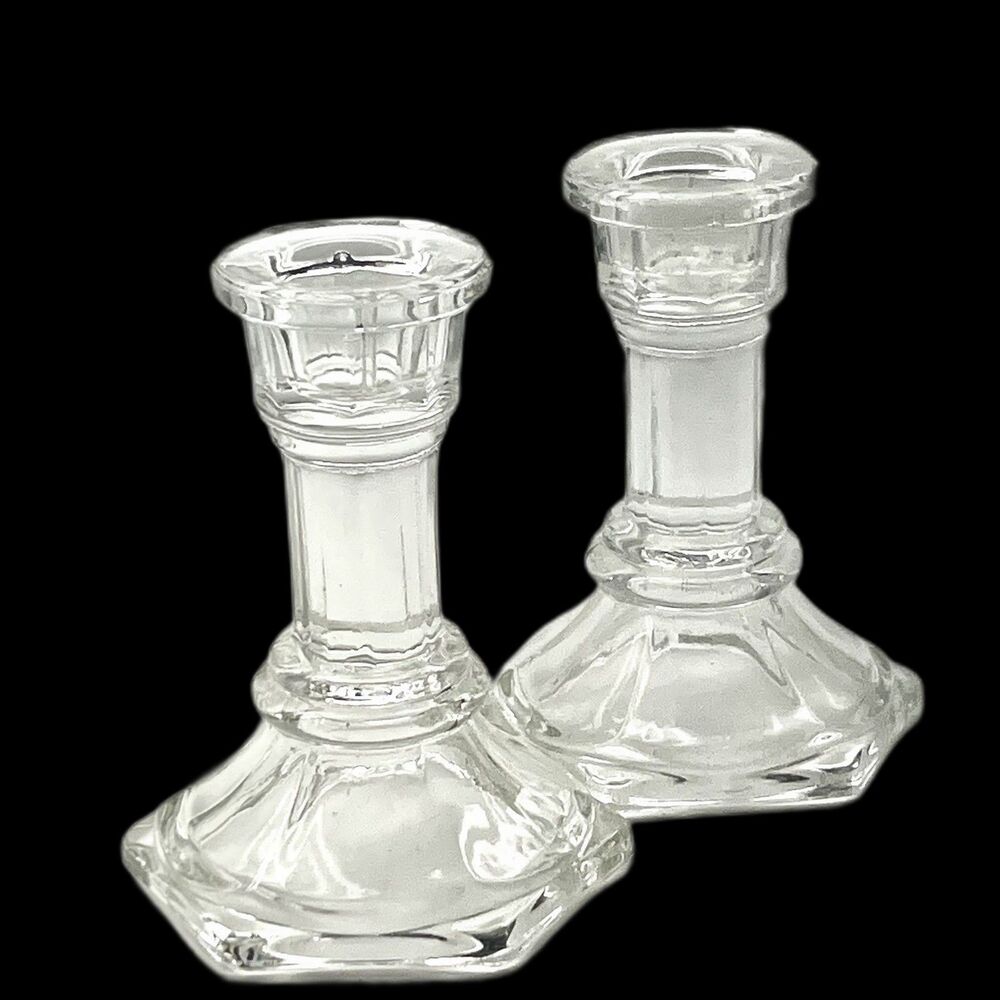 Set of 2 -FTDA -Retro -Clear Glass Hexagonal Base Candlestick Holders- Vintage